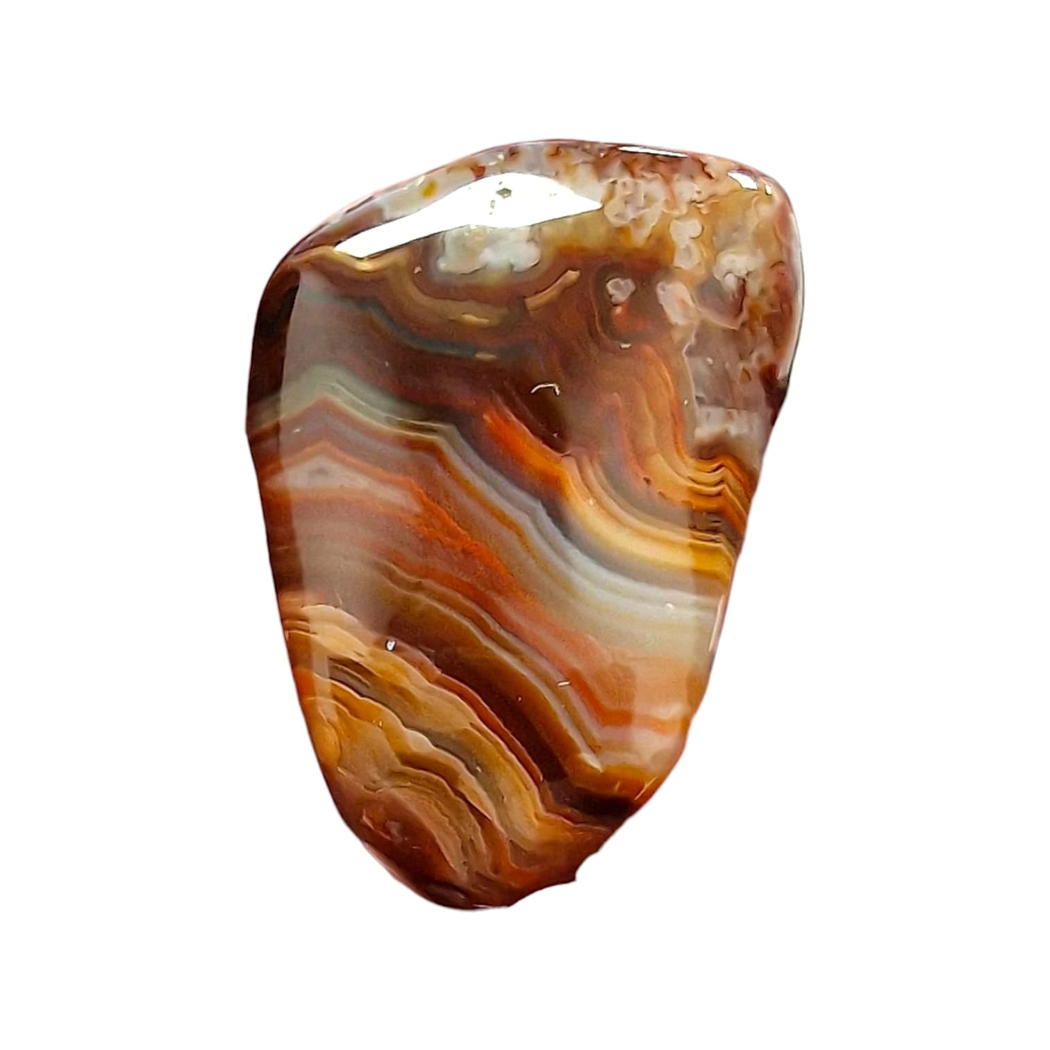 GeoFossils Laguna Agate Rare Tumble Stone, a beautifully banded red and pink agate crystal promoting grounding, strength, and emotional balance.
