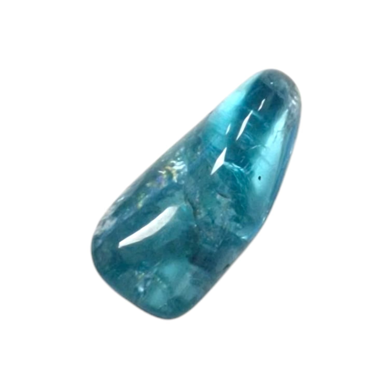 GeoFossils Neon Apatite Tumble Stone, a vibrant electric blue crystal promoting clarity, creativity, and confident communication.