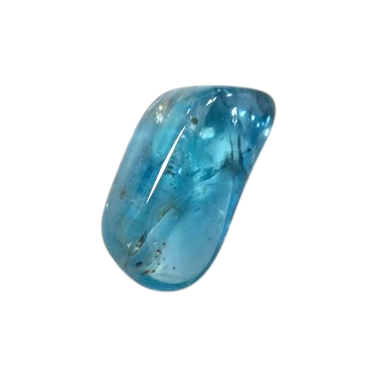 GeoFossils Neon Apatite Tumble Stone, a vibrant electric blue crystal promoting clarity, creativity, and confident communication.