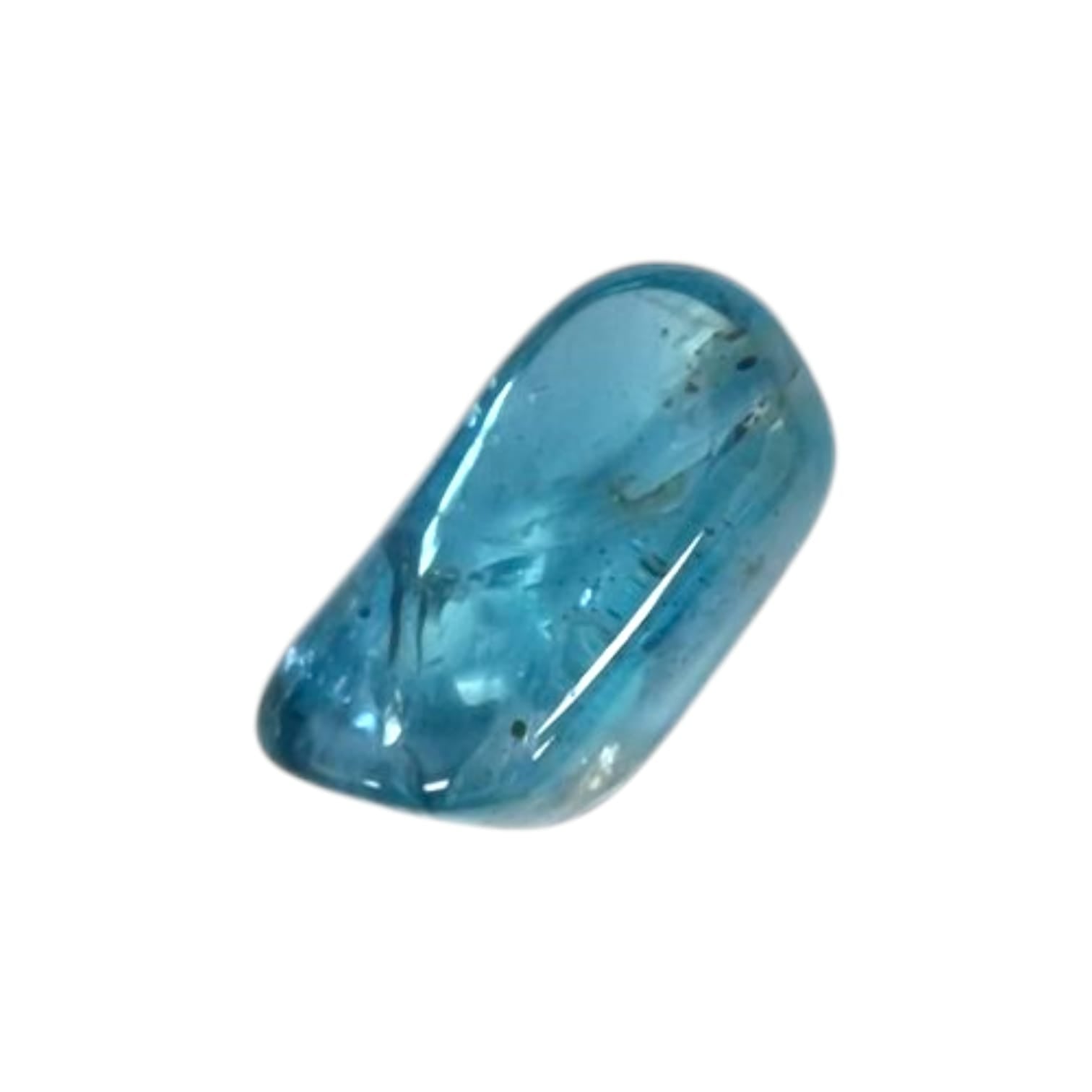 GeoFossils Neon Apatite Tumble Stone, a vibrant electric blue crystal promoting clarity, creativity, and confident communication.