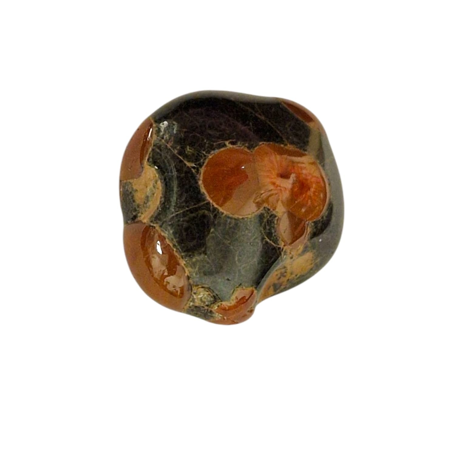 GeoFossils Peanut Obsidian Tumble Stone, a rare Perlite-based volcanic glass with hematite-stained feldspar inclusions for grounding and emotional transformation.
