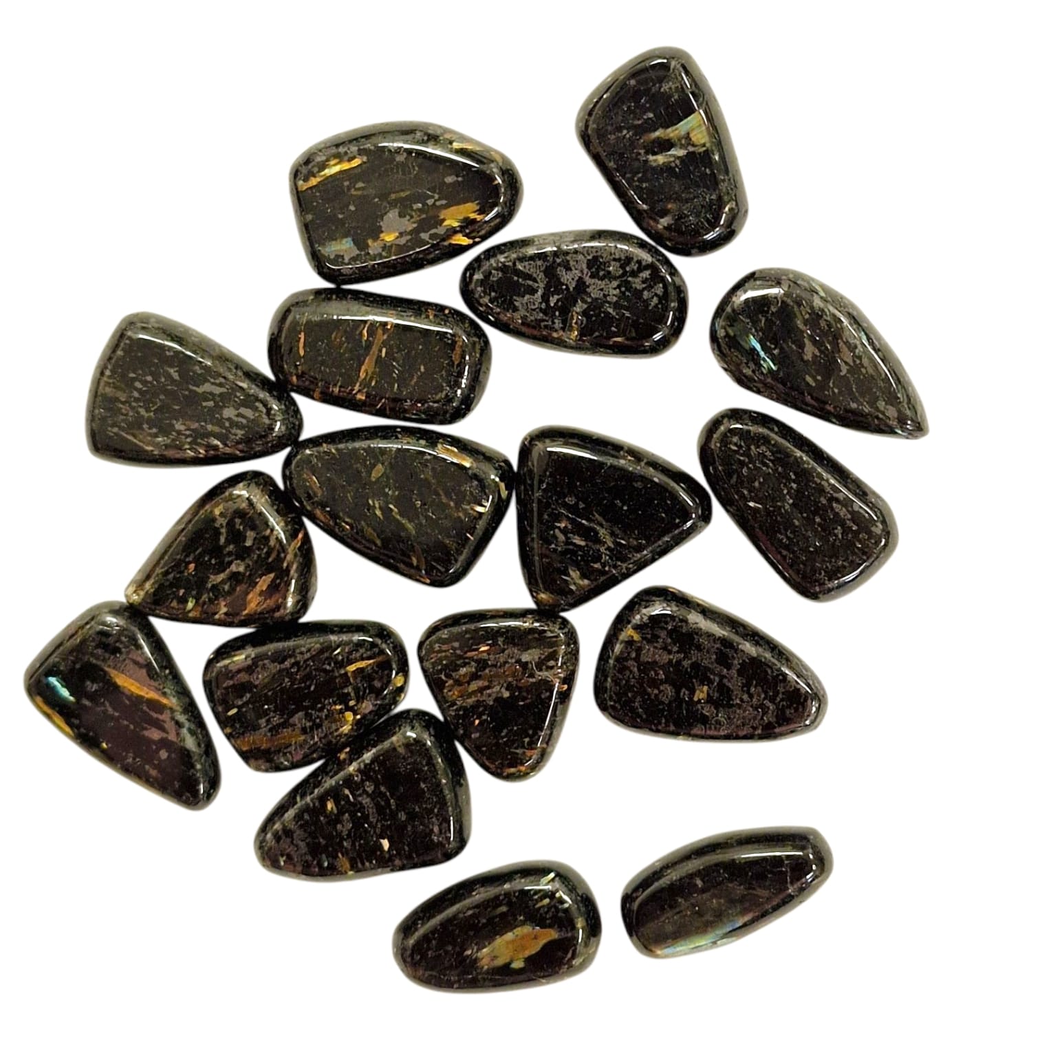 GeoFossils Nuumite Tumble Stone, a rare black crystal with golden flashes for protection, shadow work, and spiritual transformation.