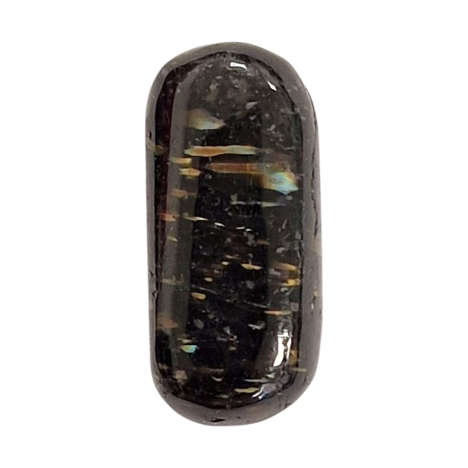 GeoFossils Nuumite Tumble Stone, a rare black crystal with golden flashes for protection, shadow work, and spiritual transformation.