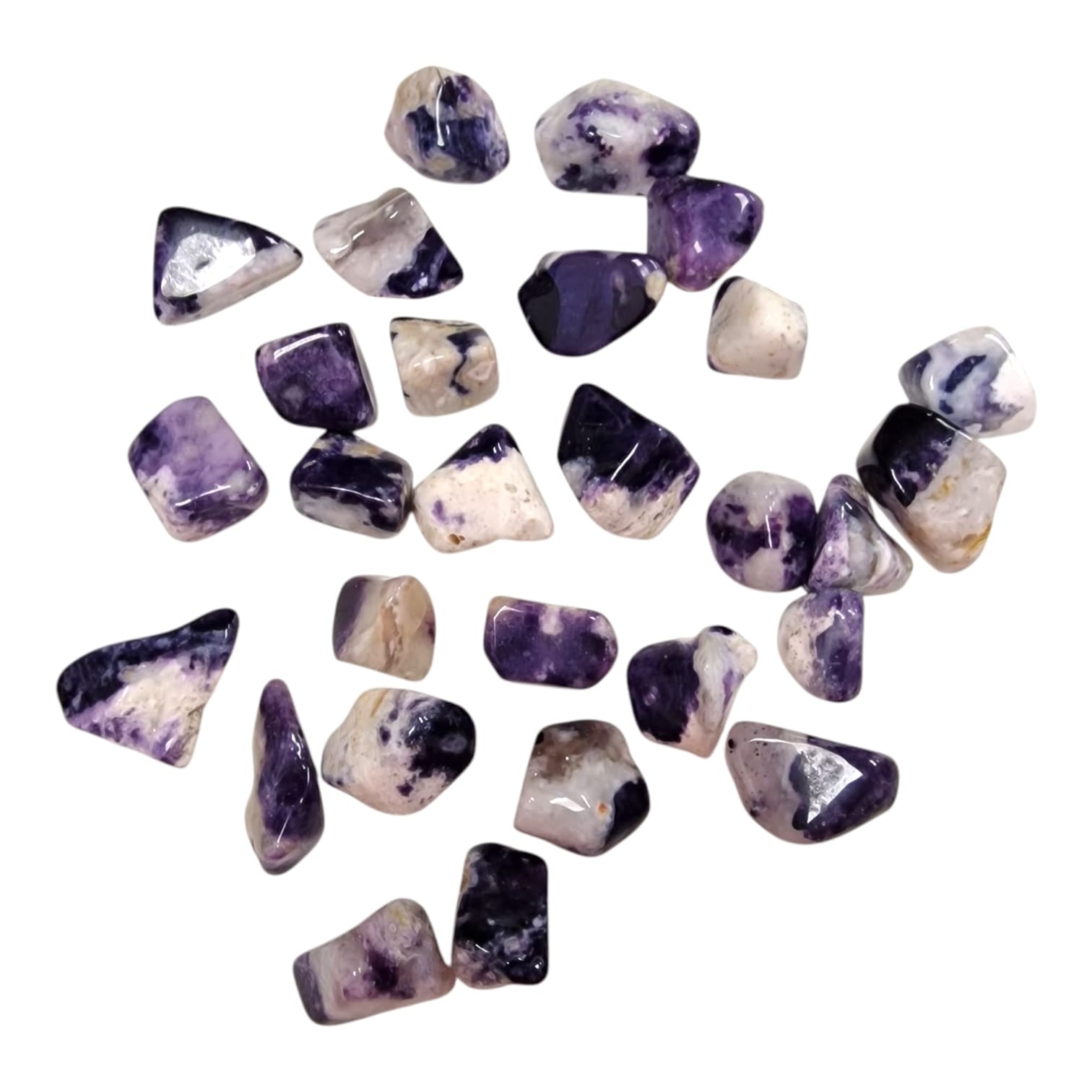 GeoFossils Tiffany Stone Tumble Stone, a rare opalised fluorite crystal with purple and cream swirls, enhancing intuition and spiritual clarity.