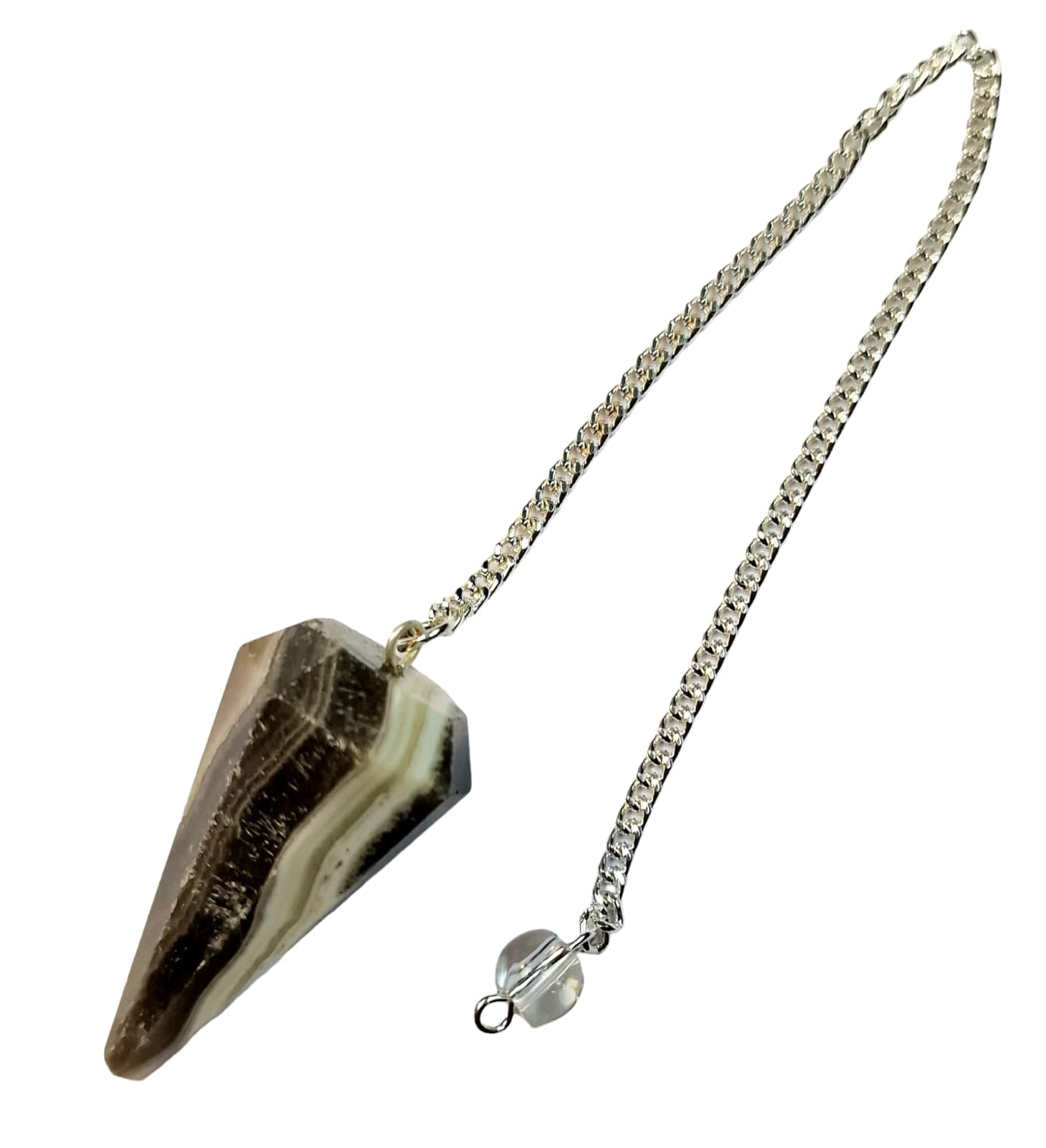 GeoFossils Zebra Calcite Black, White & Yellow Pendulum with Crystal quartz Ball holding bead