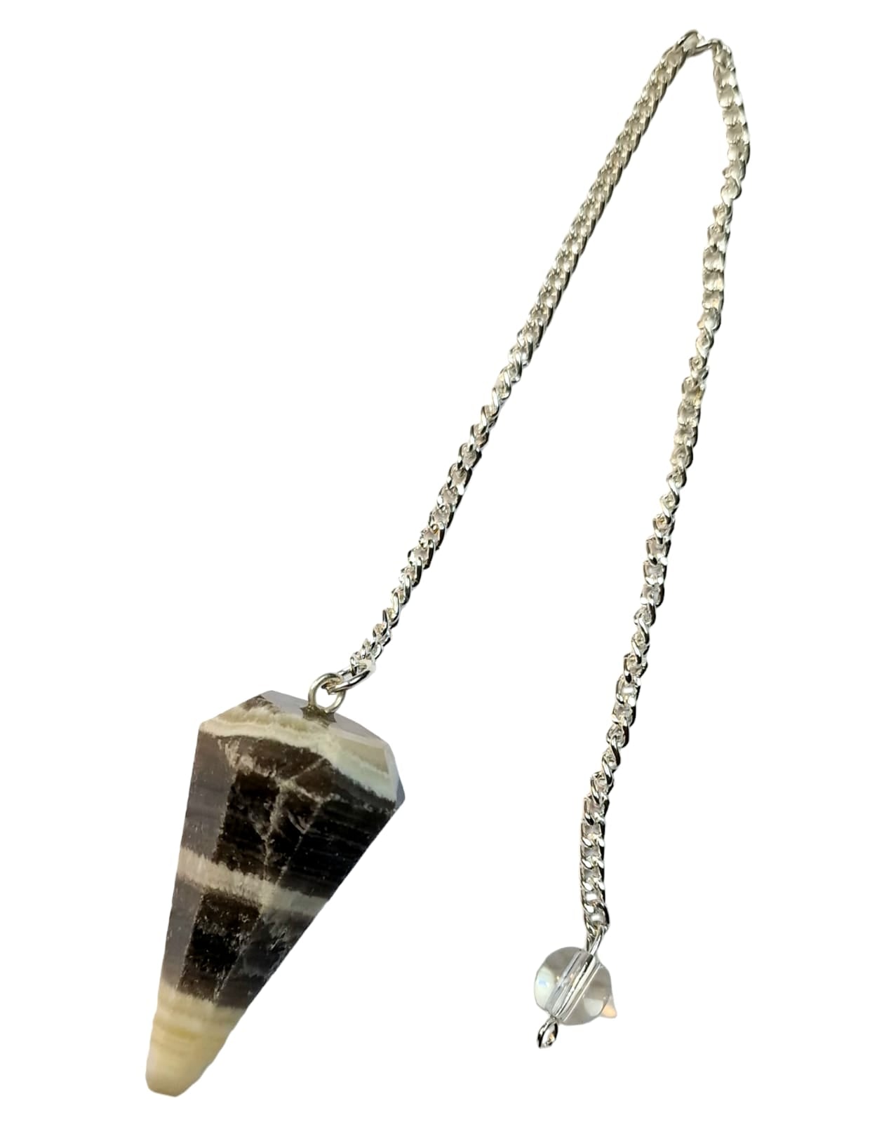 GeoFossils Zebra Calcite Black, White & Yellow Pendulum with Crystal quartz Ball holding bead