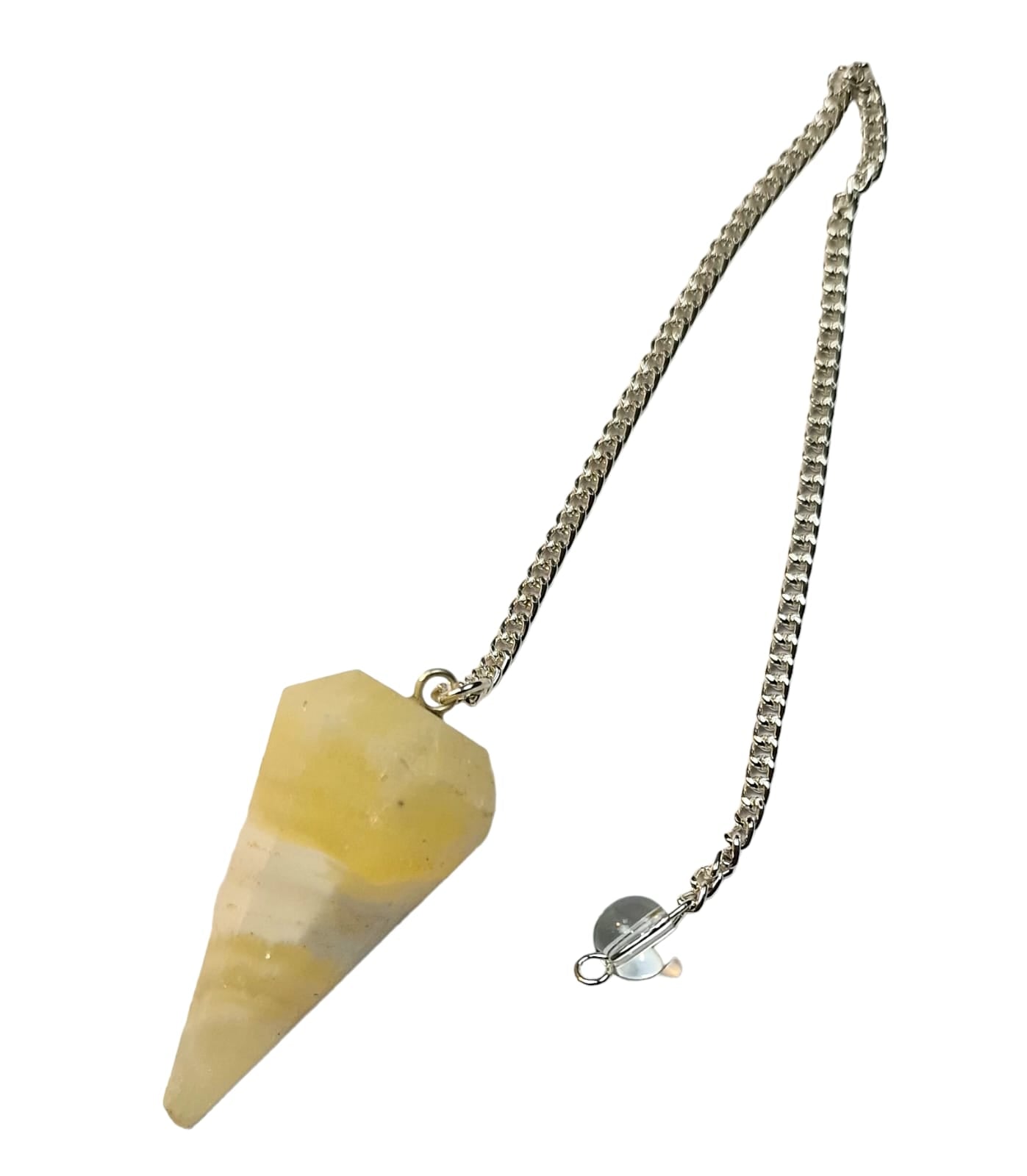 GeoFossils Zebra Calcite Black, White & Yellow Pendulum with Crystal quartz Ball holding bead