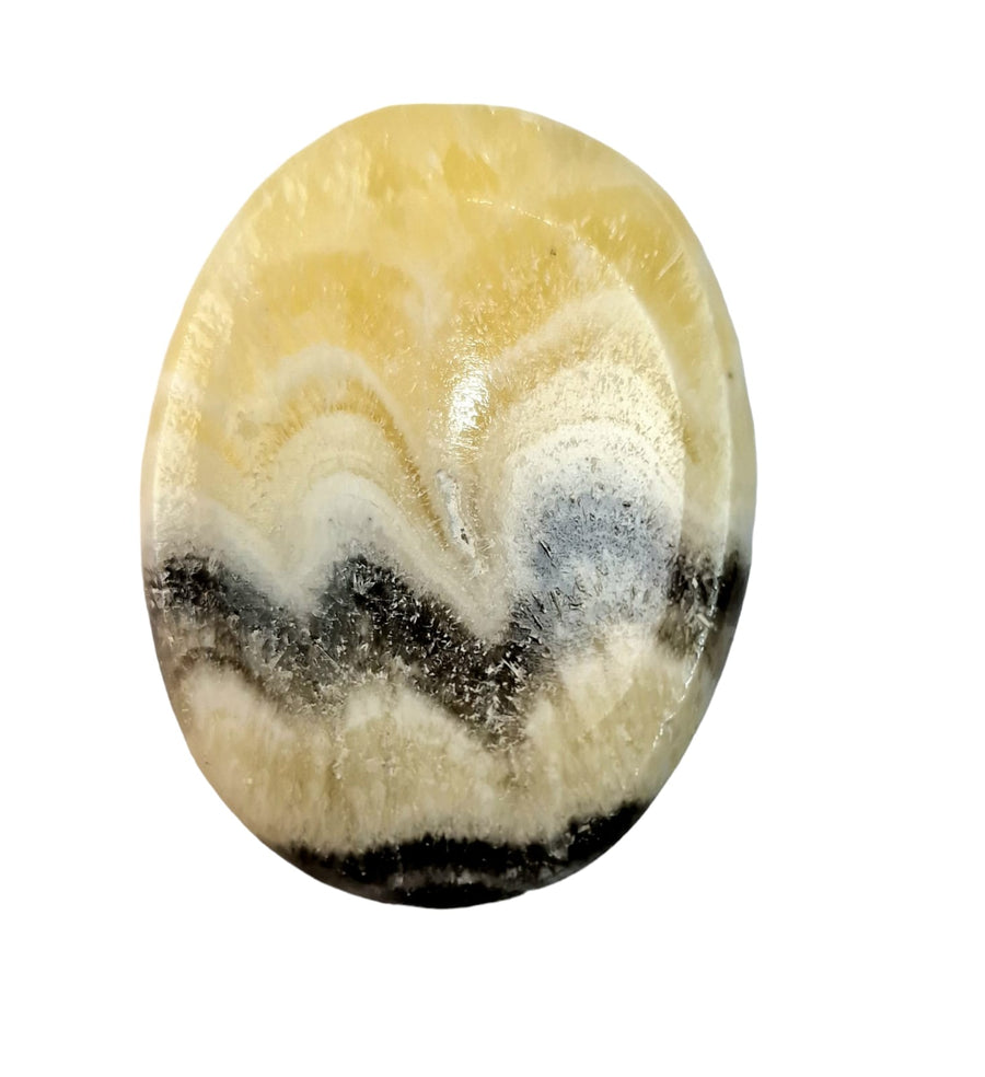 Zebra Calcite Worry Stone by GeoFossils – smooth, oval stone with black and white banding, perfect for grounding, emotional balance, and connecting with the Root and Solar Plexus Chakras, associated with the Earth element.