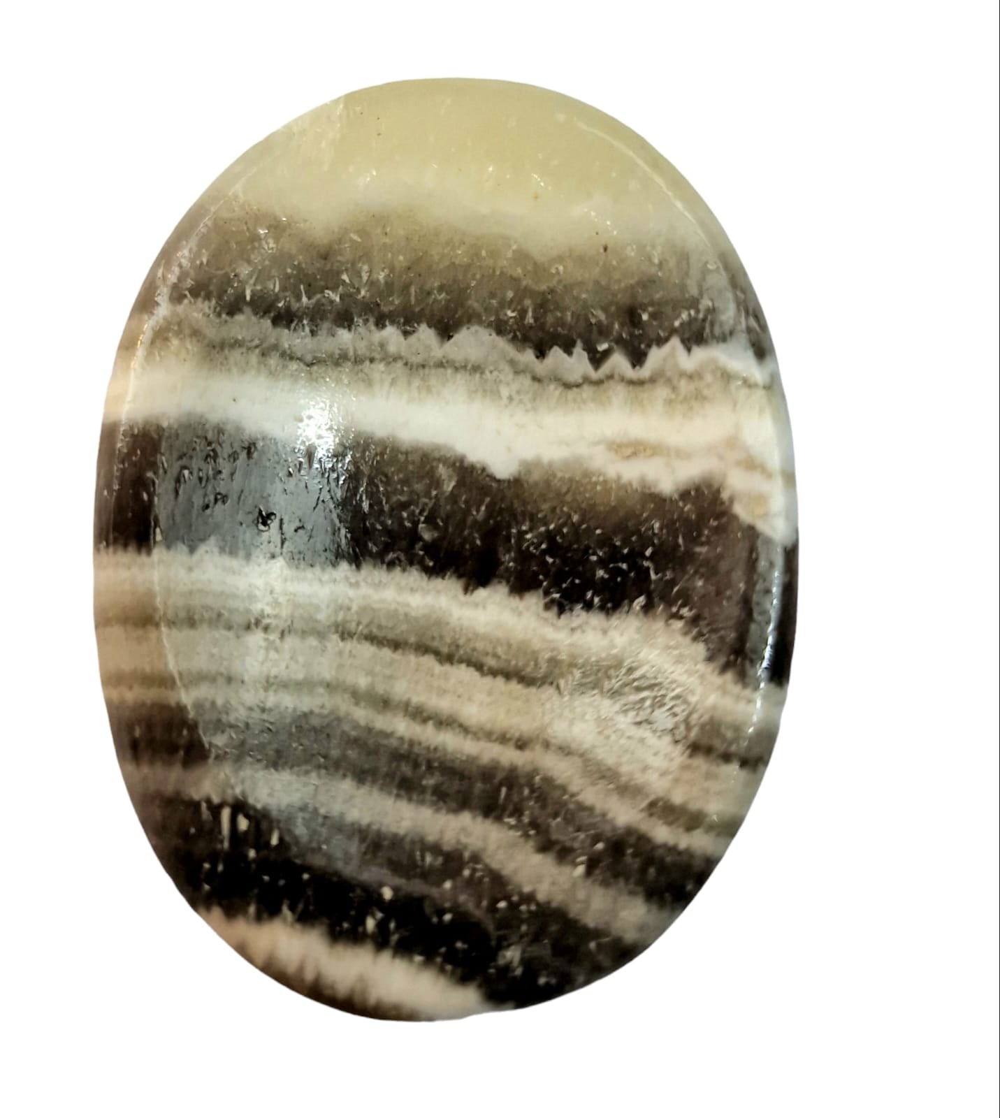 Zebra Calcite Worry Stone by GeoFossils – smooth, oval stone with black and white banding, perfect for grounding, emotional balance, and connecting with the Root and Solar Plexus Chakras, associated with the Earth element.