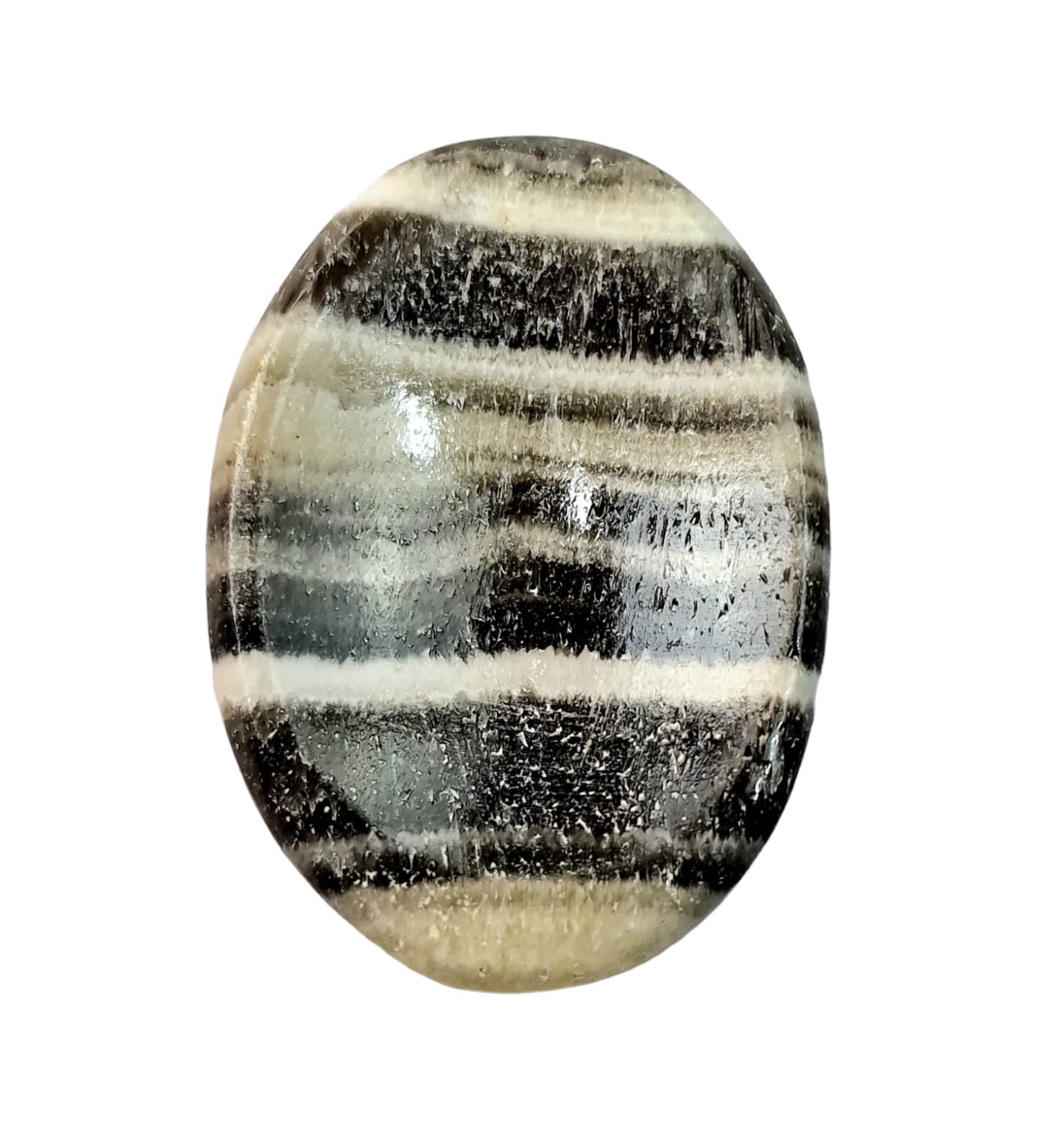GeoFossils Zebra Calcite Worry Stone, Black, yellow, white with dib for stress