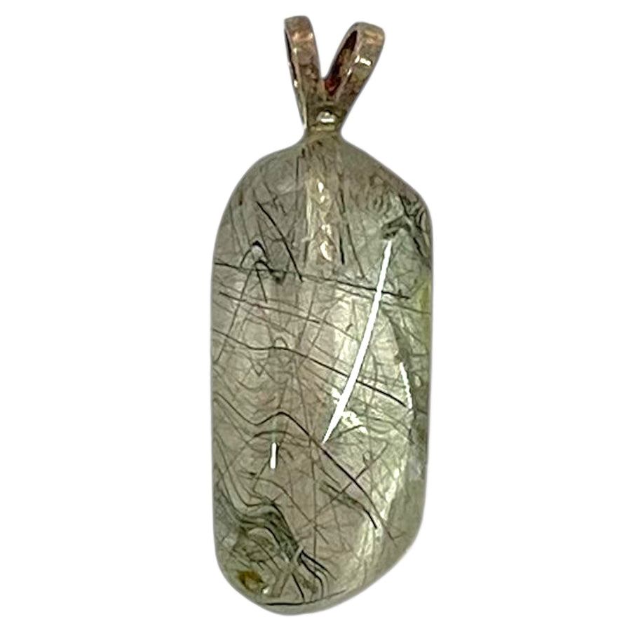 Actinolite Quartz pendant with green-black inclusions in clear quartz set in hallmarked sterling silver – crystal necklace for protection, detox and emotional strength