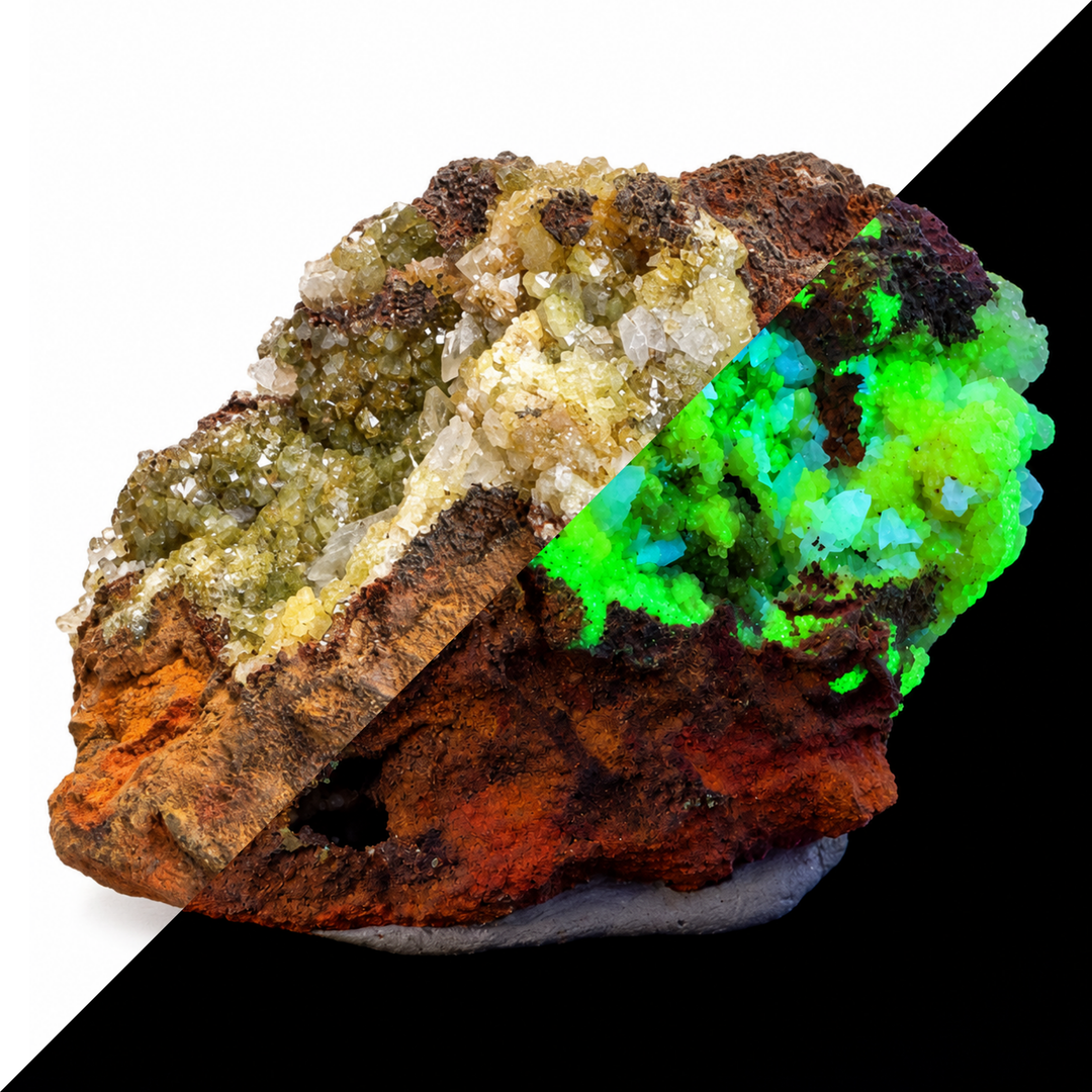 GeoFossils Adamite specimen 182 shown in a split comparison, with natural daylight on one half and green fluorescence under Mid Wave UV on the other.
