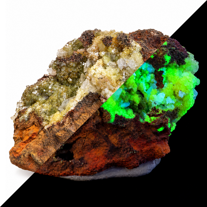 GeoFossils Adamite specimen 182 shown in a split comparison, with natural daylight on one half and green fluorescence under Mid Wave UV on the other.