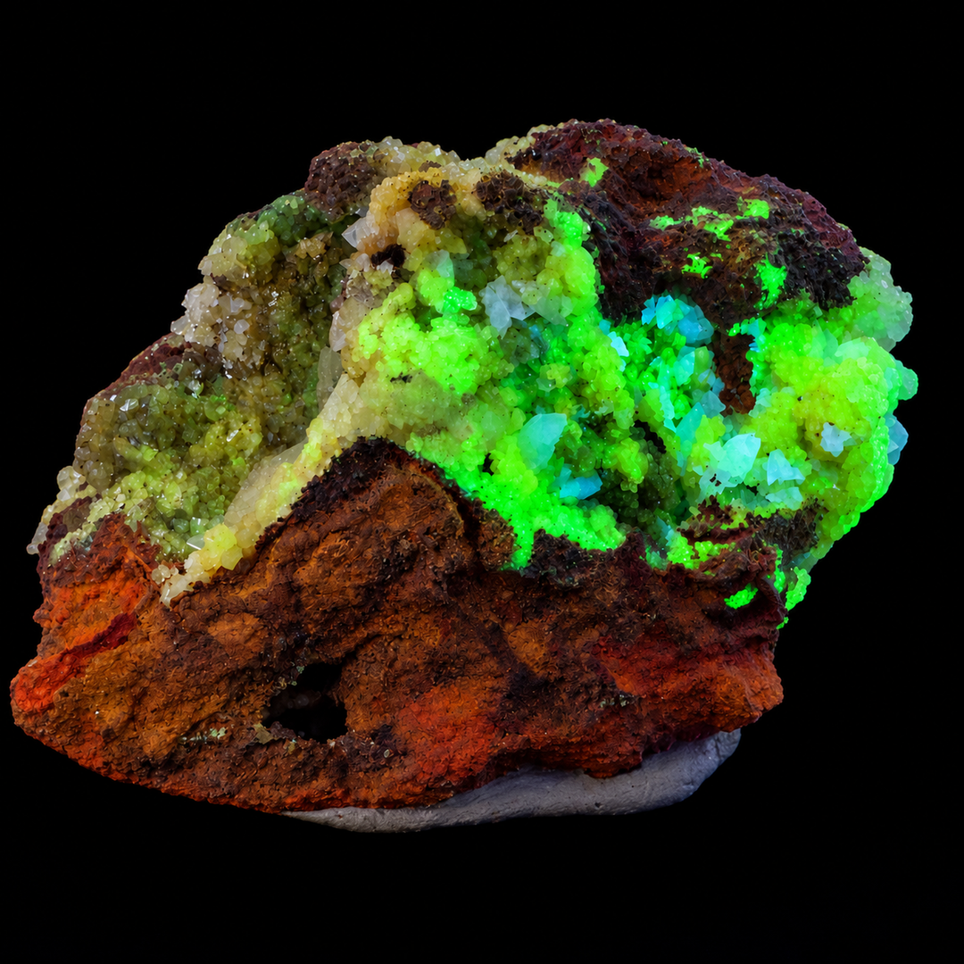 GeoFossils Adamite specimen 182 under Mid Wave UV, showing strong green fluorescence across crystal-rich areas of the brown matrix
