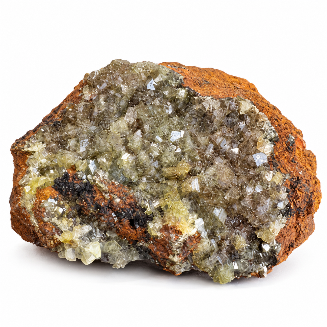 GeoFossils Adamite specimen 183 in daylight, with dense pale green-grey crystalline coverage on a rusty orange-brown matrix.