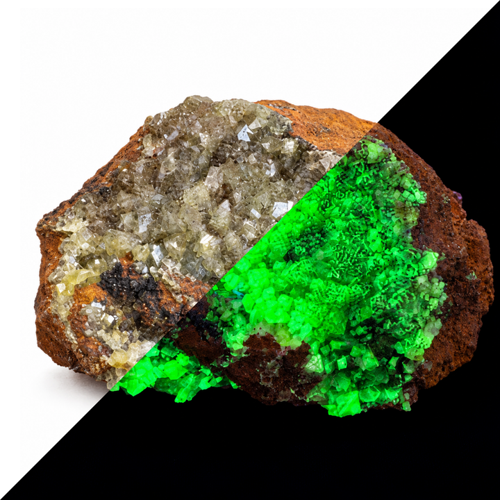 GeoFossils Adamite specimen 183 shown in a split comparison, with natural daylight on one half and green fluorescence under Mid Wave UV on the other.