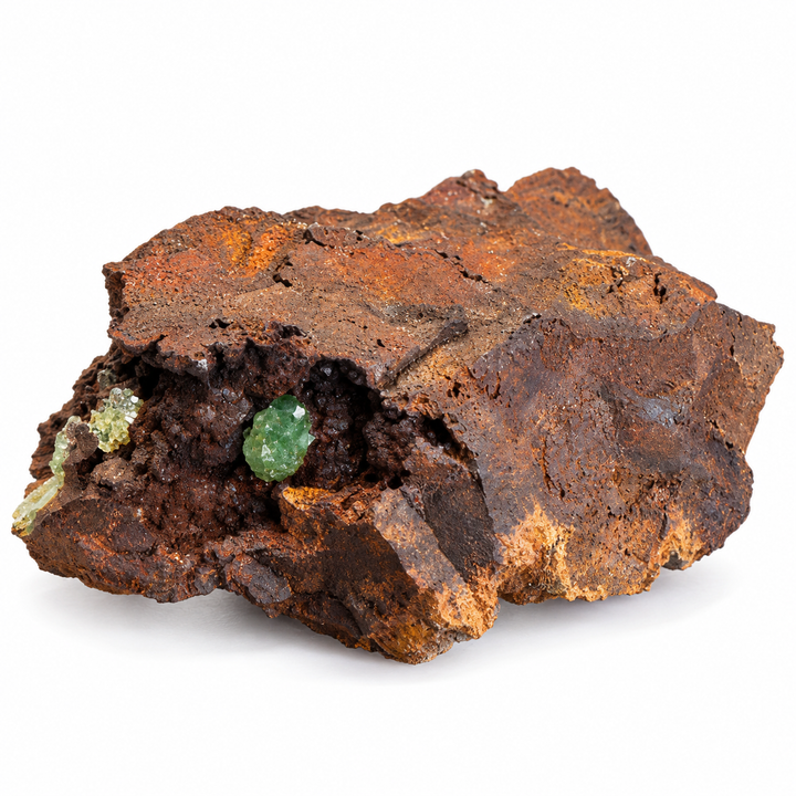 GeoFossils Adamite specimen 184 in daylight, showing a dark reddish-brown matrix with small green crystals visible within a cavity