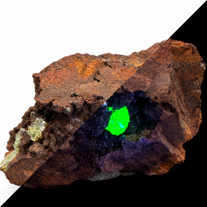GeoFossils Adamite specimen 184 shown in a split comparison, with natural daylight on one half and localized green fluorescence under Mid Wave UV on the other.