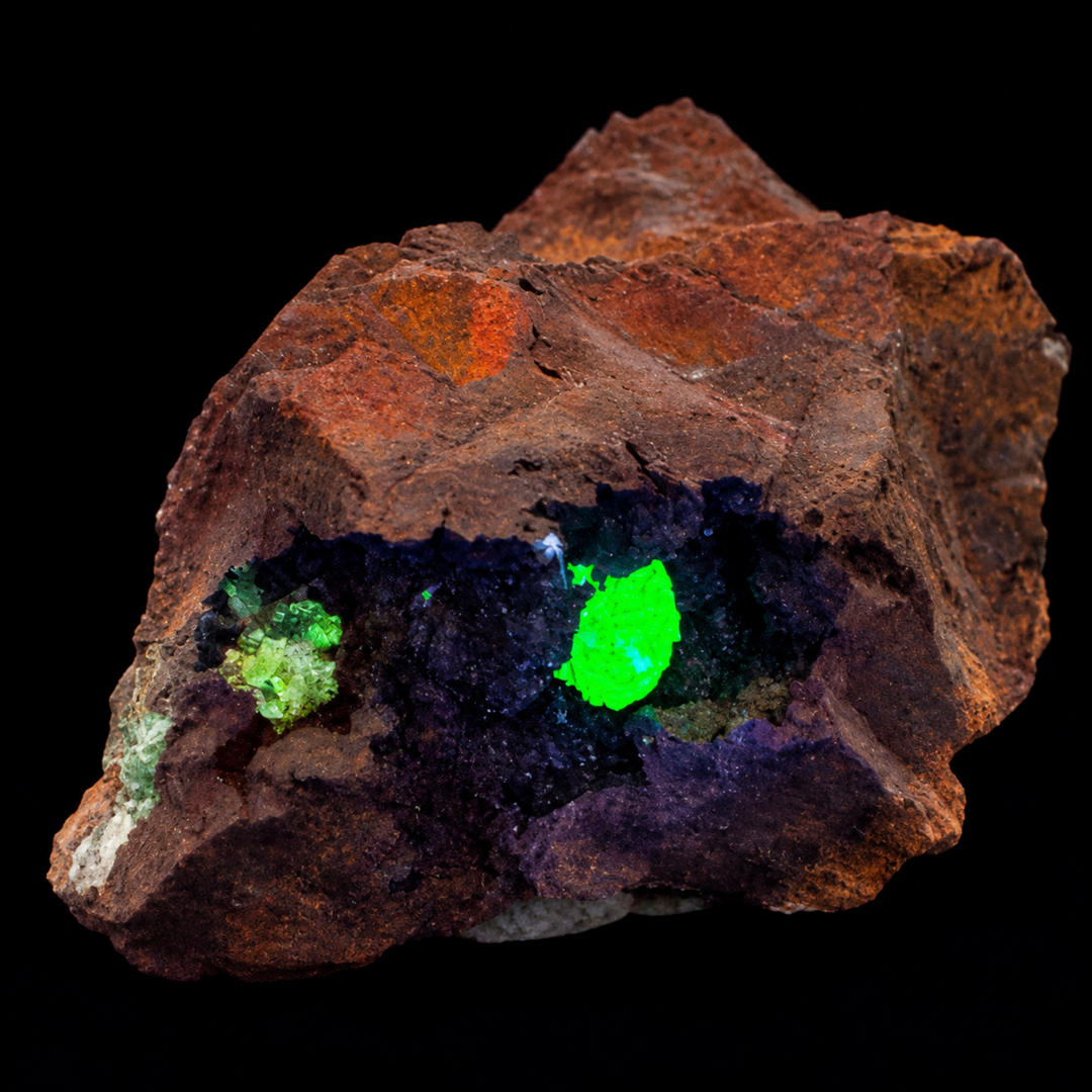 GeoFossils Adamite specimen 184 under Mid Wave UV, with concentrated bright green fluorescence inside the central cavity.