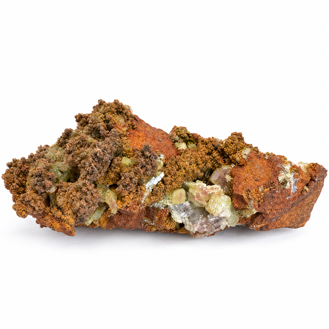 GeoFossils Adamite specimen 185 in daylight, an elongated reddish-brown specimen with clustered crystals across the surface.