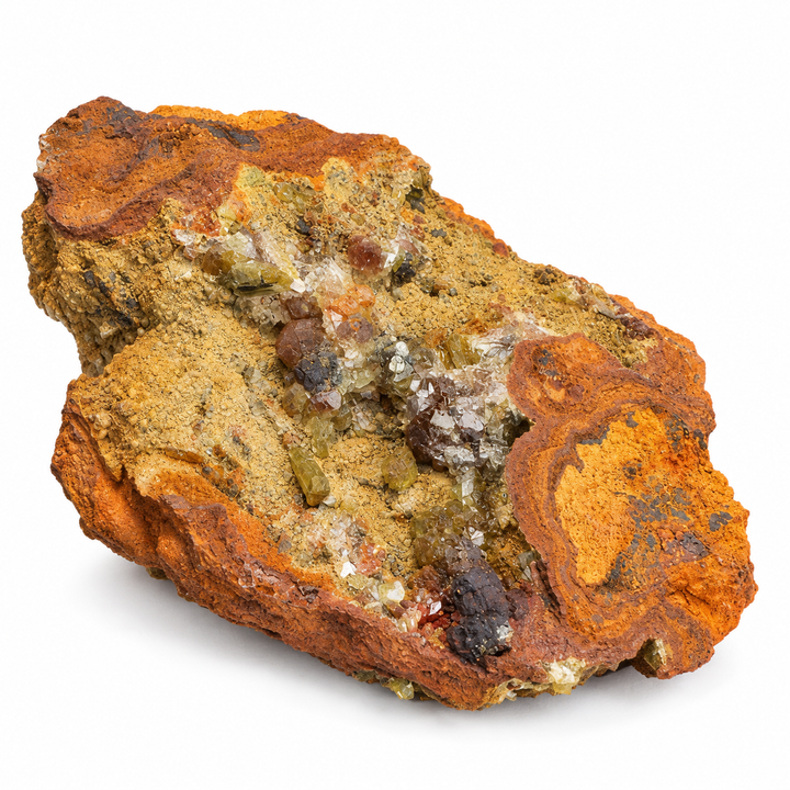 GeoFossils Adamite specimen 186 in daylight, showing pale green to clear crystals within an orange and brown mineral matrix.