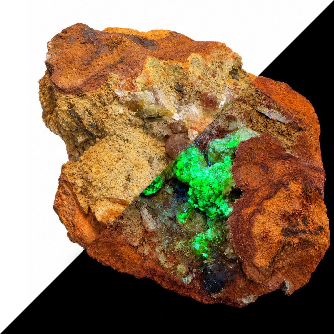 GeoFossils Adamite specimen 186 shown in a split comparison, with natural daylight on one half and bright green fluorescence under Mid Wave UV on the other.