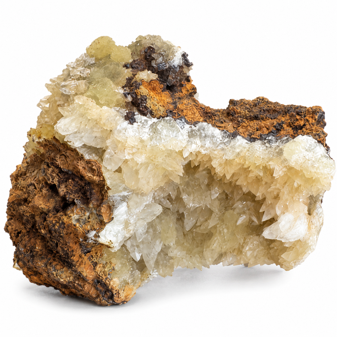 GeoFossils Adamite specimen 187 in daylight, featuring pale cream crystalline growth over a brown and rust-coloured matrix.