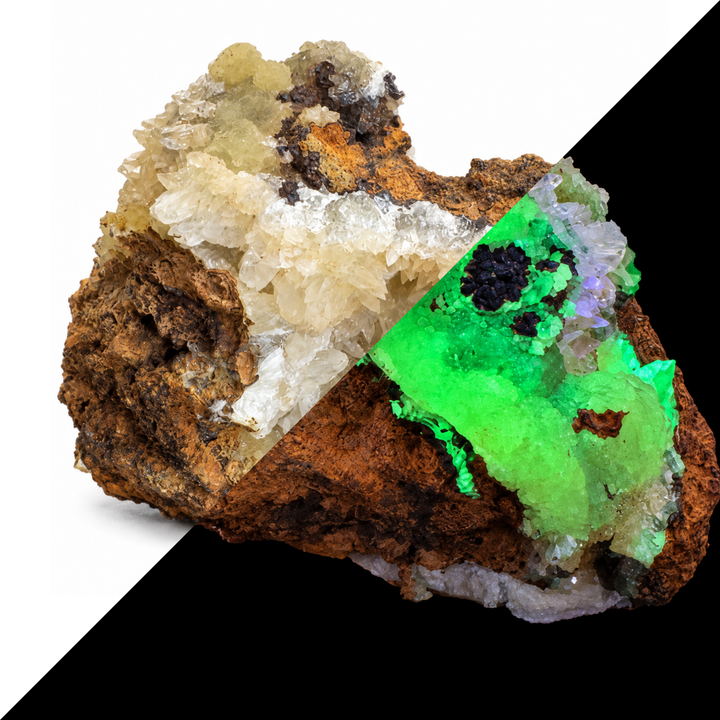 GeoFossils Adamite specimen 187 shown in a split comparison, with natural daylight on one half and broad green fluorescence under Mid Wave UV on the other.