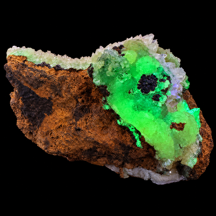 GeoFossils Adamite specimen 187 under Mid Wave UV, with broad green fluorescence across the crystal-rich right side of the specimen