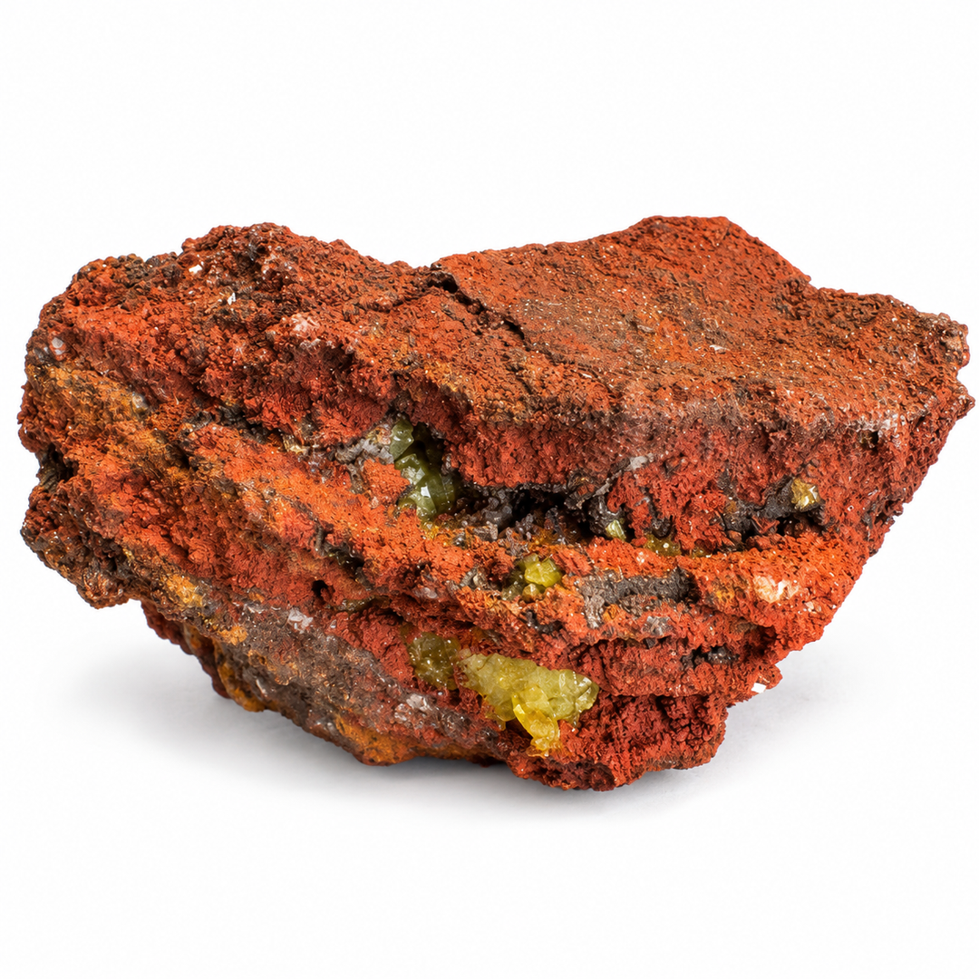 GeoFossils Adamite specimen 188 in daylight, showing a predominantly rust-red matrix with small yellow-green crystal areas.