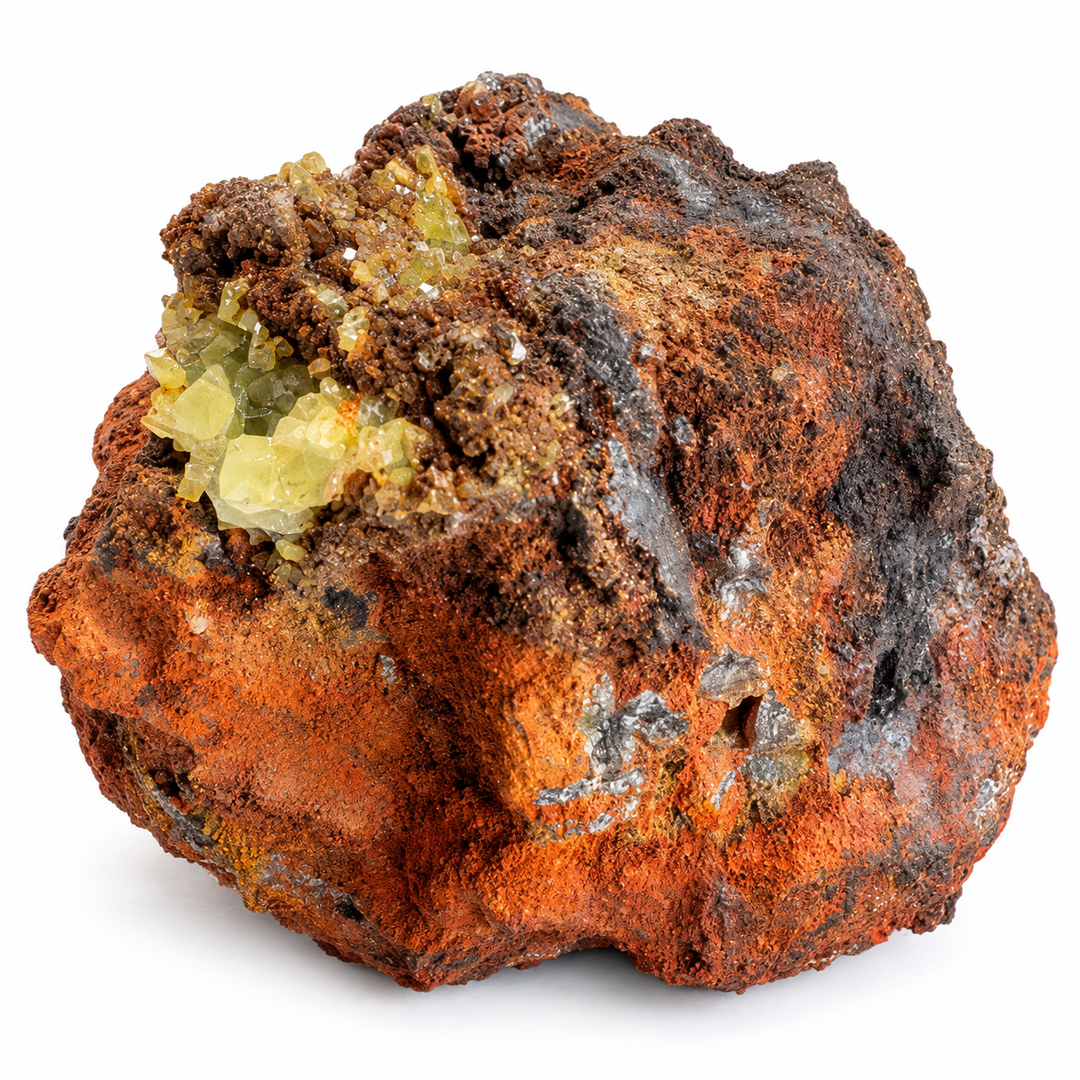 GeoFossils Adamite specimen 189 in daylight, with yellow-green crystals concentrated on one side of a rough orange-brown matrix.