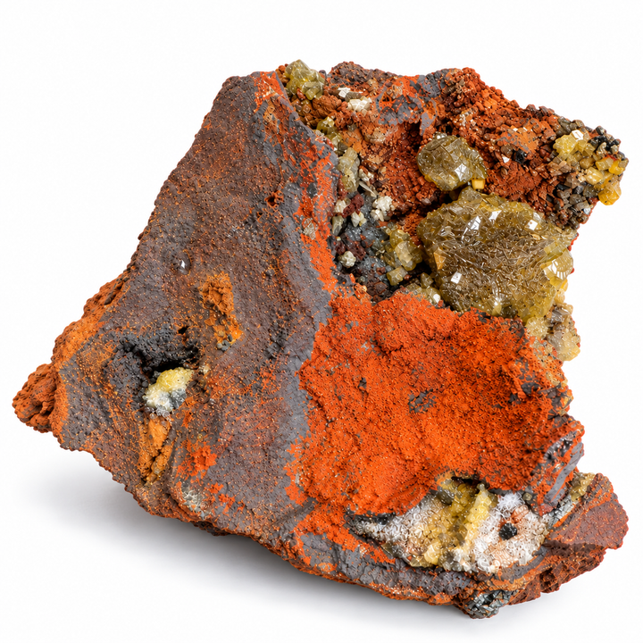 GeoFossils Adamite specimen 191 in daylight, showing greenish crystals set within a rusty orange and dark brown mineral matrix.