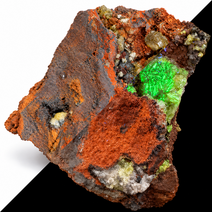 GeoFossils Adamite specimen 191 shown in a split comparison, with natural daylight on one half and green fluorescence under Mid Wave UV on the other.