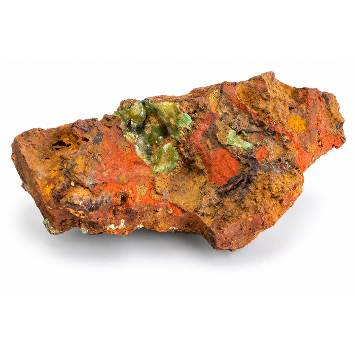 GeoFossils Adamite specimen 192 in daylight, an elongated reddish-brown matrix with scattered green crystalline growth.