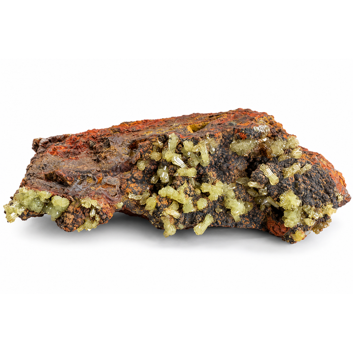 GeoFossils Adamite specimen 193 in daylight, with numerous pale green crystals distributed across a low reddish-brown matrix.