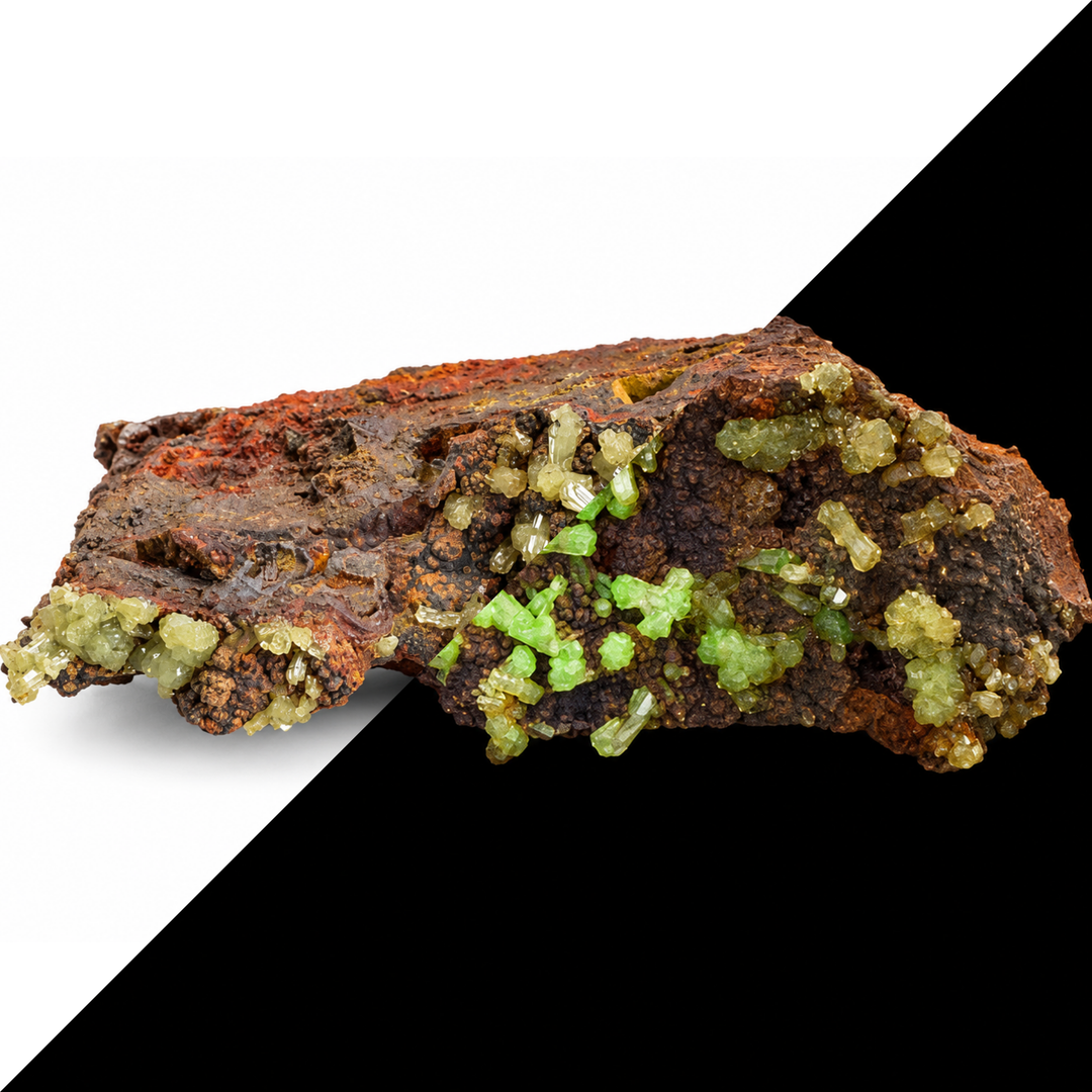 GeoFossils Adamite specimen 193 shown in a split comparison, with natural daylight on one half and green fluorescence across multiple crystal clusters under Mid Wave UV on the other.