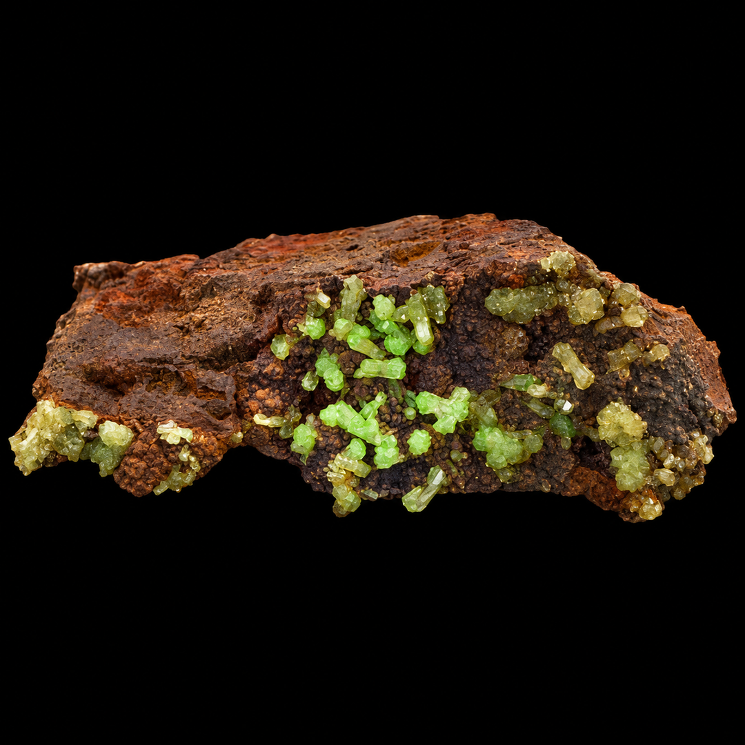 GeoFossils Adamite specimen 193 under Mid Wave UV, displaying green fluorescence across multiple crystal clusters over the brown matrix.