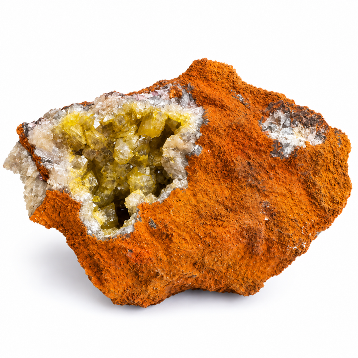 GeoFossils Adamite specimen 194 in daylight, showing a large yellow-green crystal-lined cavity within an orange-brown matrix.