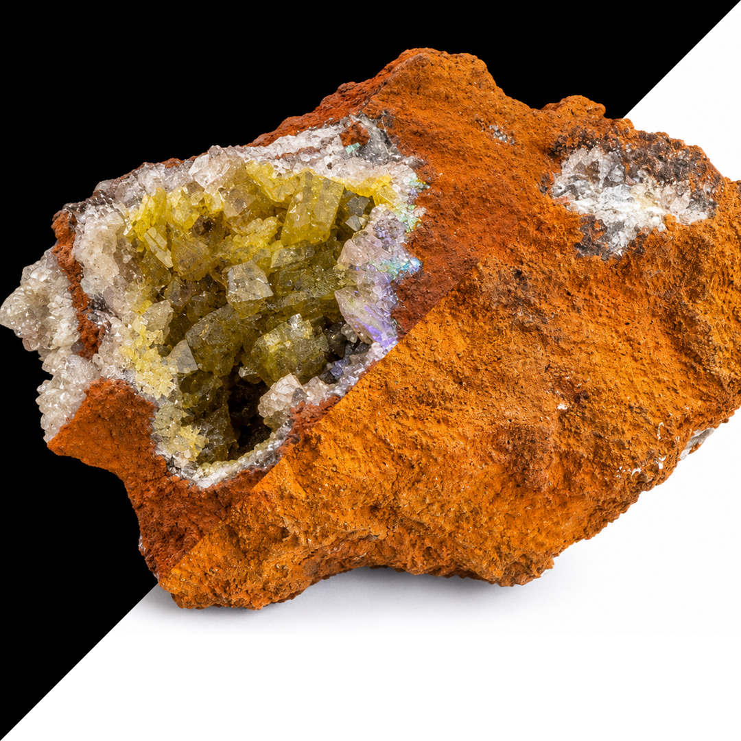 GeoFossils Adamite specimen 194 shown in a split comparison, with natural daylight on one half and subtle Mid Wave UV fluorescence around the crystal-lined cavity on the other.