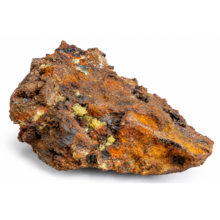GeoFossils Adamite specimen 195 in daylight, showing scattered yellow-green crystals across a rugged brown and orange mineral matrix.