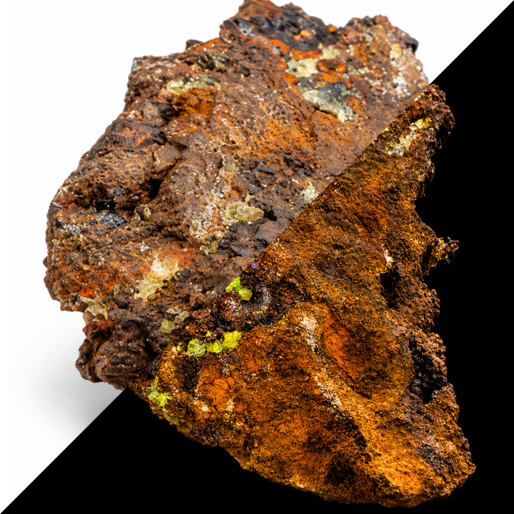 GeoFossils Adamite specimen 195 shown in a split comparison, with natural daylight on one half and small green fluorescent areas under Mid Wave UV on the other.