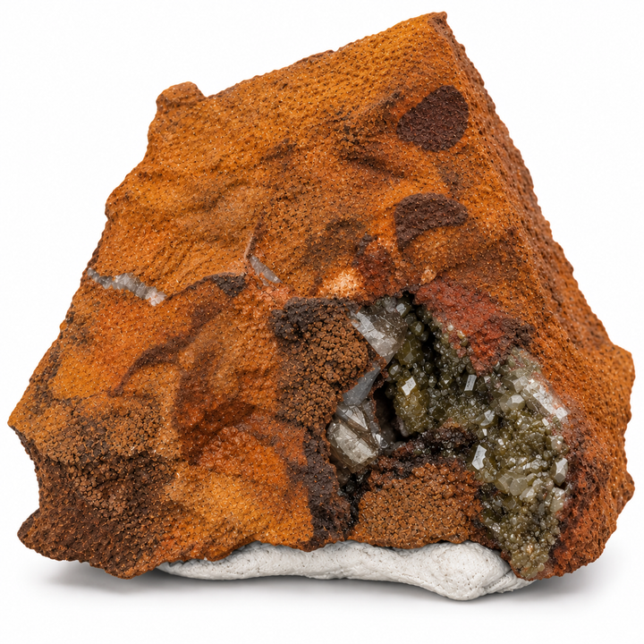 GeoFossils Adamite specimen 196 in daylight, showing a rusty orange-brown matrix with a dark crystal-lined cavity on the lower right.
