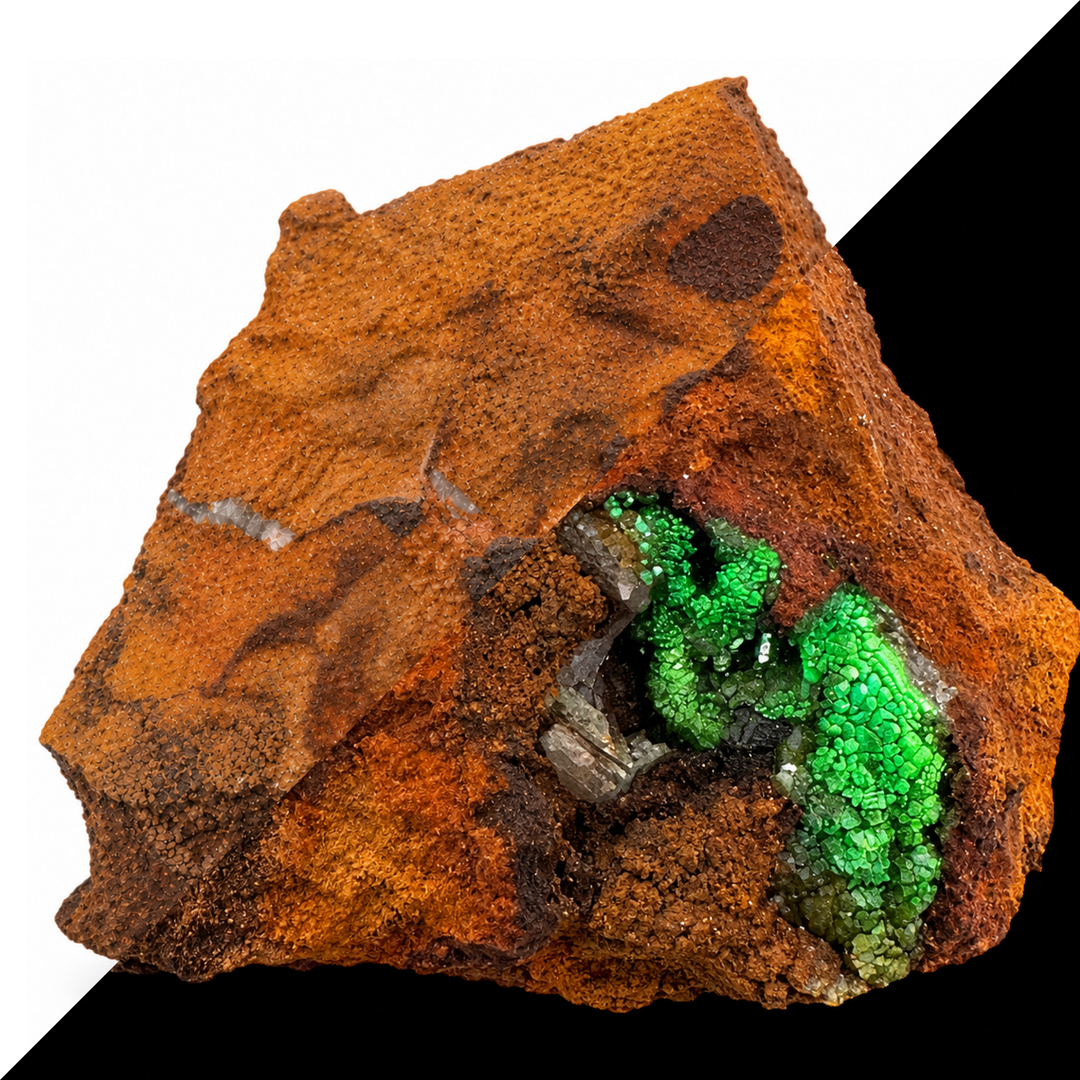 GeoFossils Adamite specimen 196 shown in a split comparison, with natural daylight on one half and strong green fluorescence within the lower-right cavity under Mid Wave UV on the other.