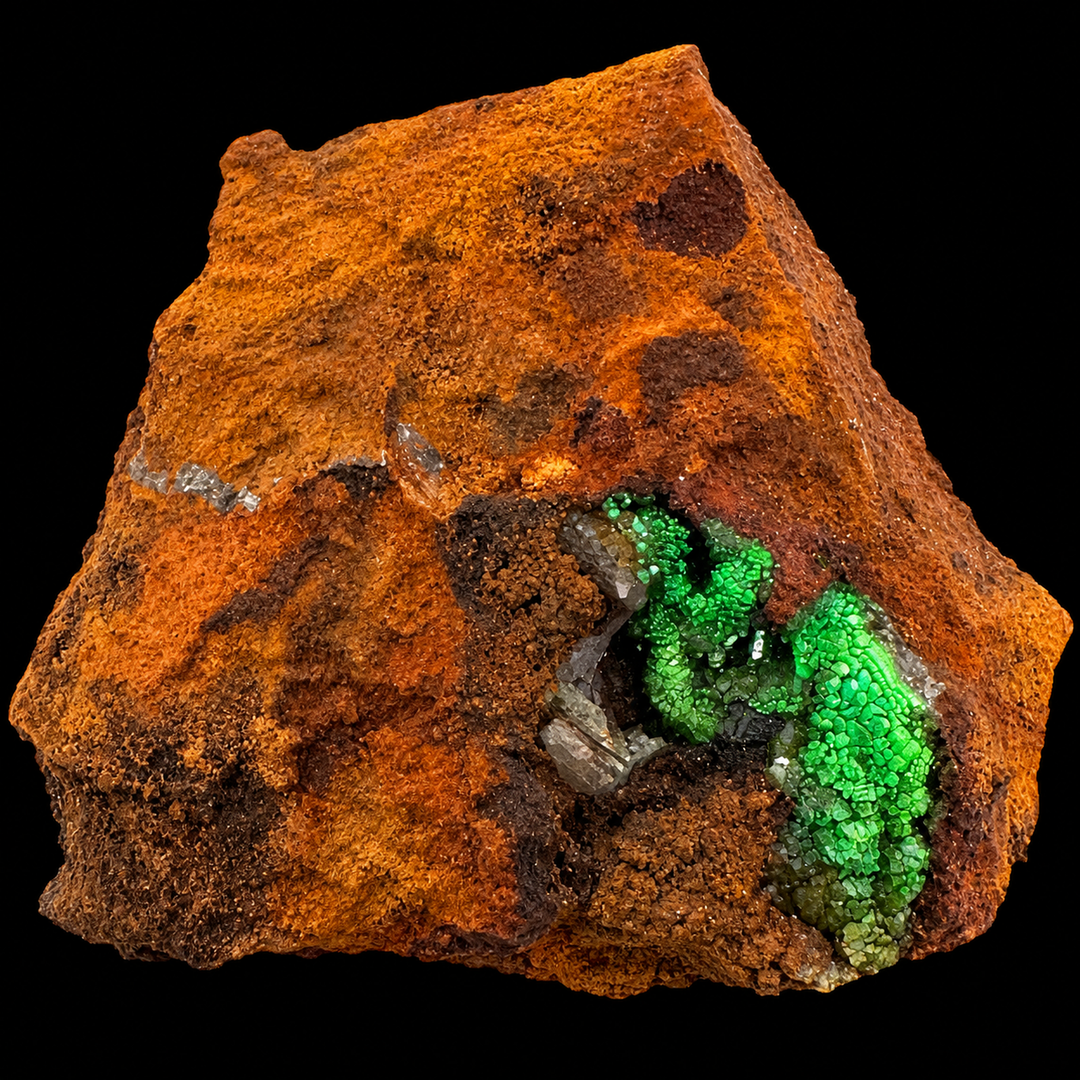 GeoFossils Adamite specimen 196 under Mid Wave UV, with strong green fluorescence concentrated within the lower-right crystal cavity.
