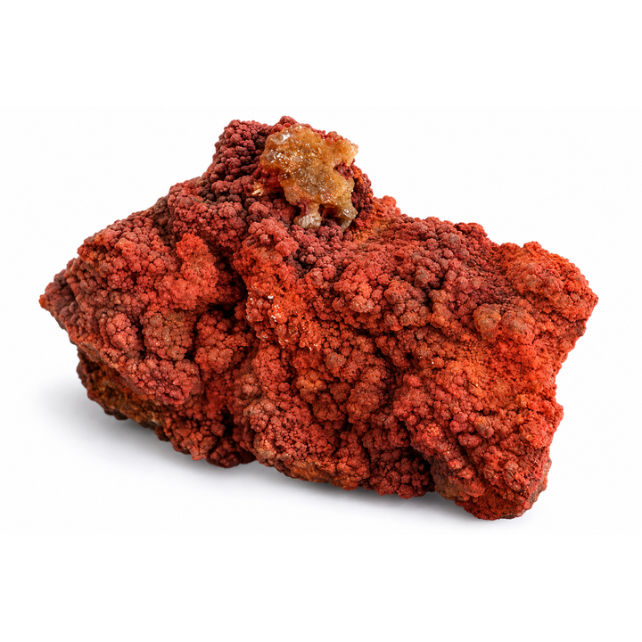 GeoFossils Adamite specimen 197 in daylight, with a dense reddish-brown botryoidal surface and a small greenish crystal cluster near the top.
