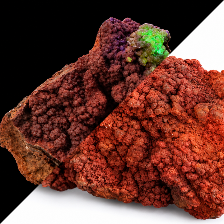 GeoFossils Adamite specimen 197 shown in a split comparison, with natural daylight on one half and localized green fluorescence near the upper crystal cluster under Mid Wave UV on the other.