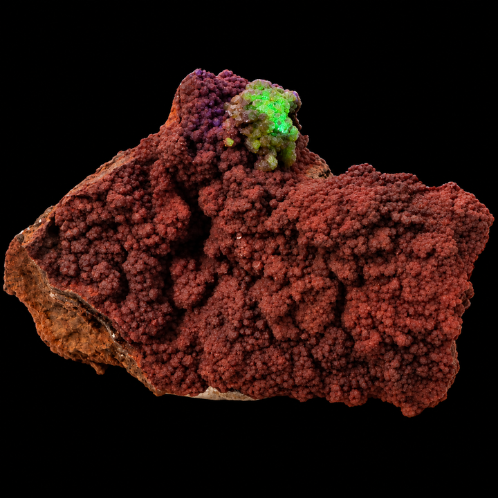 GeoFossils Adamite specimen 197 under Mid Wave UV, showing localized green fluorescence from the small crystal cluster near the top.
