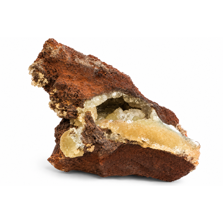 GeoFossils Adamite specimen 198 in daylight, showing a tall brown matrix with pale crystalline growth through a central cavity and ledge.