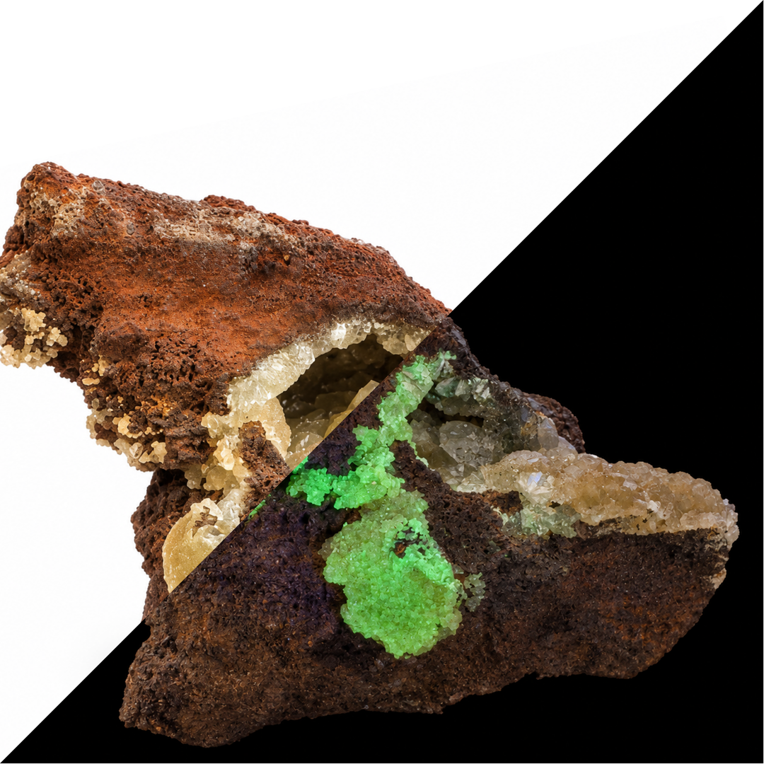 GeoFossils Adamite specimen 198 shown in a split comparison, with natural daylight on one half and green fluorescence along the central crystal-bearing seam under Mid Wave UV on the other.