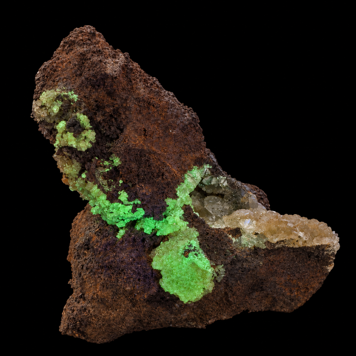 GeoFossils Adamite specimen 198 under Mid Wave UV, displaying green fluorescence along the central crystal-bearing seam and lower cluster.